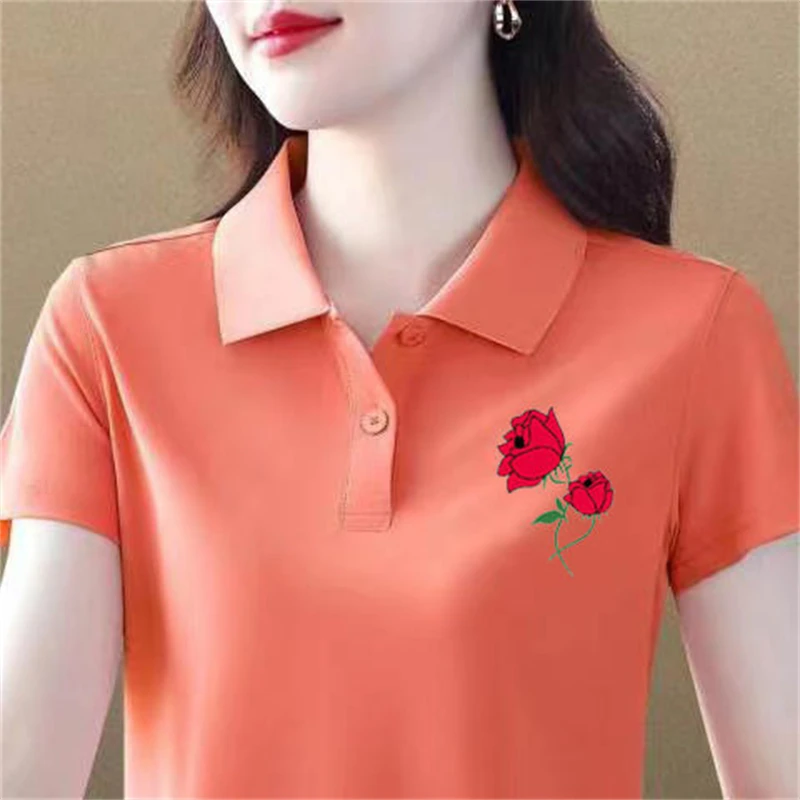 Women Fashion Short Sleeve Floral Print Tees Elegant Polo Collar T-shirt 2024 Summer Casual Slim Button Basic Tops Ropa De Mujer