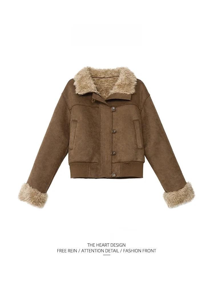 

iyue American Sle ort Lamb Fur Jaet Women's Autumn Winter Vintage Warmth Collar Cardigan Coat Casual Straight Cut