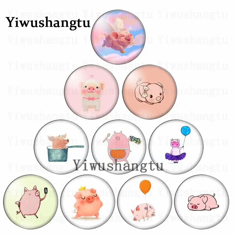 Cartoon cute pig Funny picture 12mm/20mm/25mm/30mm Round photo glass cabochon demo flat back Making findings