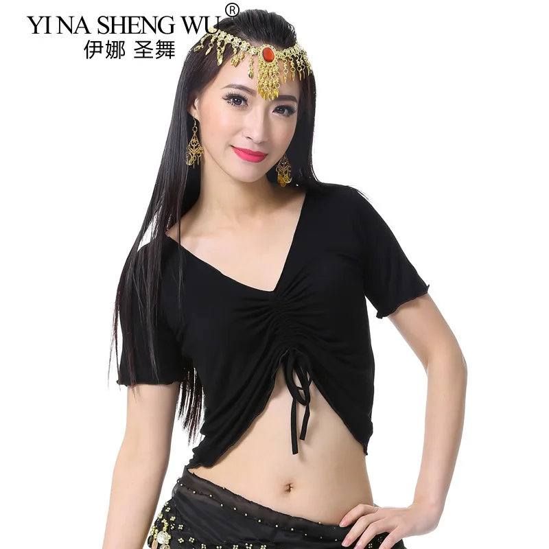 Costume di danza del ventre delle nuove donne Reggiseno superiore Manica corta Pieghettato Danza del ventre Pratica di yoga Top Coulisse Pieghettato Moda 9 colori