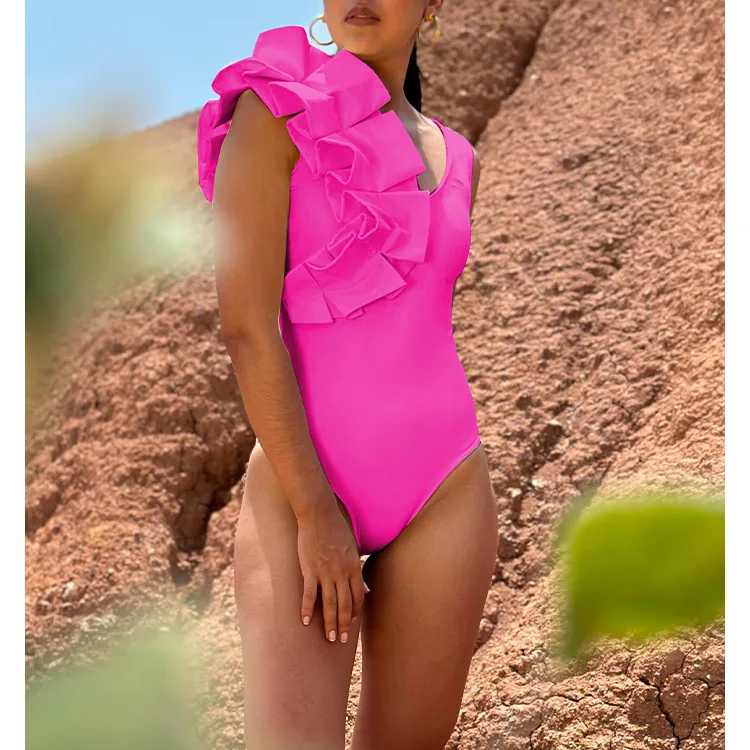 Sexy Ruffle Swimwear Women Solid Hot Pink V Neck Tummy Control Monokini 2023 Summer Bathing Suit Backless One Piece Swimsuit