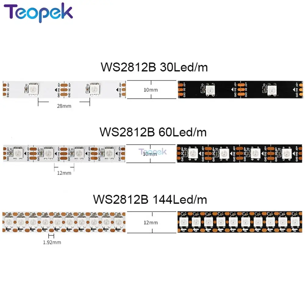 1m/5m WS2812B taśma pikselowa Led, WS2812 IC 30/60/144 pikseli, adresowalna przemysłowa kolorowa czarno-biała płytka PCB,IP20/IP65/IP67 DC5V