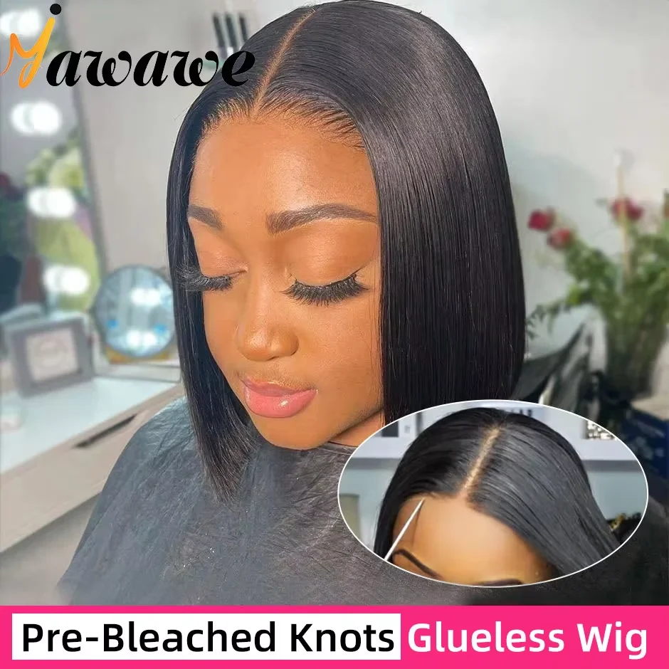 YAWAWE Pre-Bleached Knots Glueless Wig Ready To Wear Wigs Straight Pre-plucked Human Hair Bob Wigs Pre-cut HD Lace Wear Go Wigs