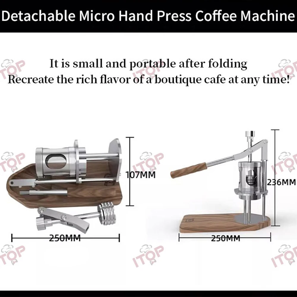 ماكينة صنع القهوة بالضغط اليدوي ماكينة القهوة للتخييم قابلة للفصل هيكل من الفولاذ المقاوم للصدأ + سعة قاعدة خشبية 80 مل HPEM-W1