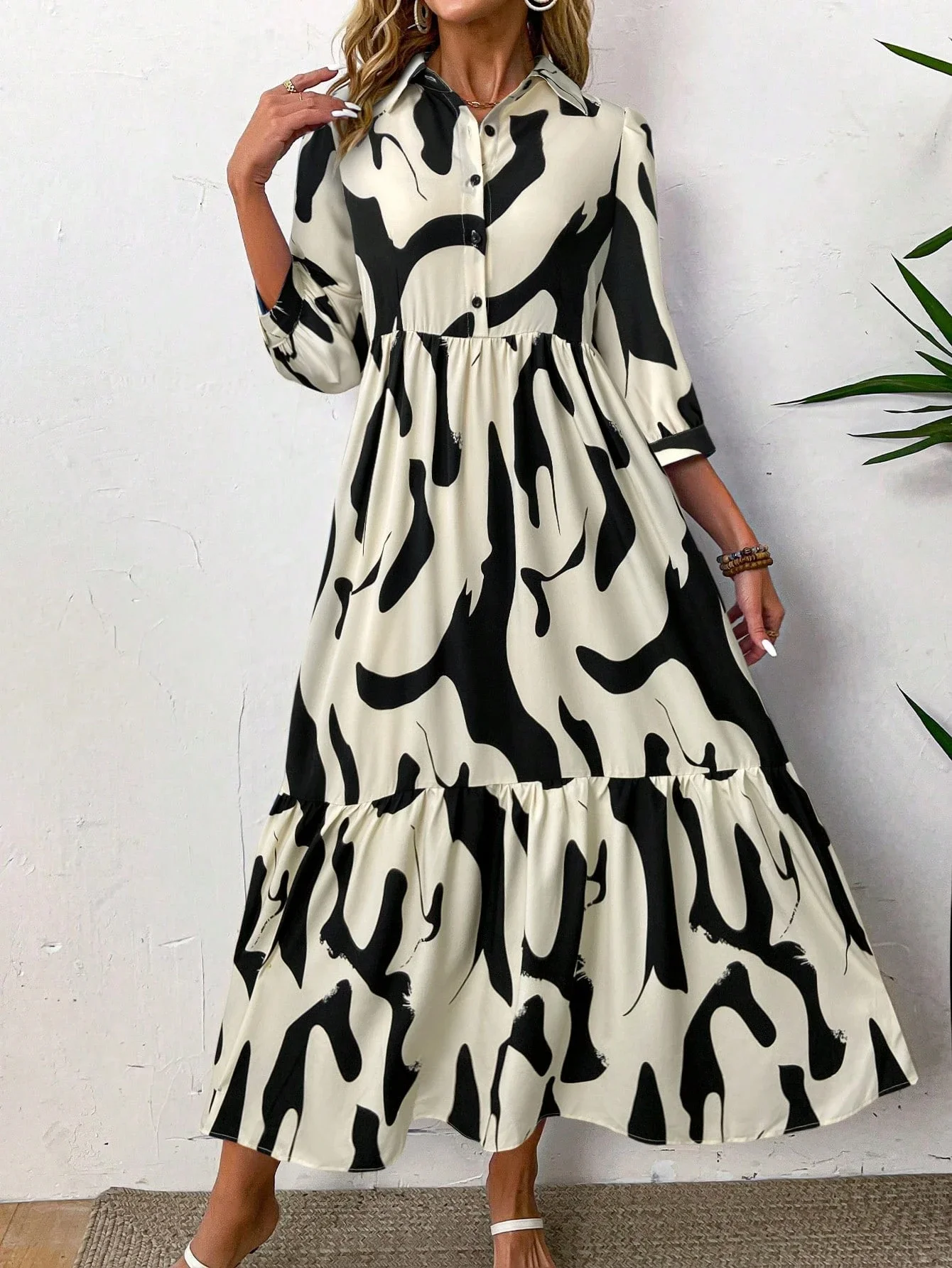 

Women Summer Solid Color Casual Loose Ruffle Shirt Dress Maxi Women Outfit