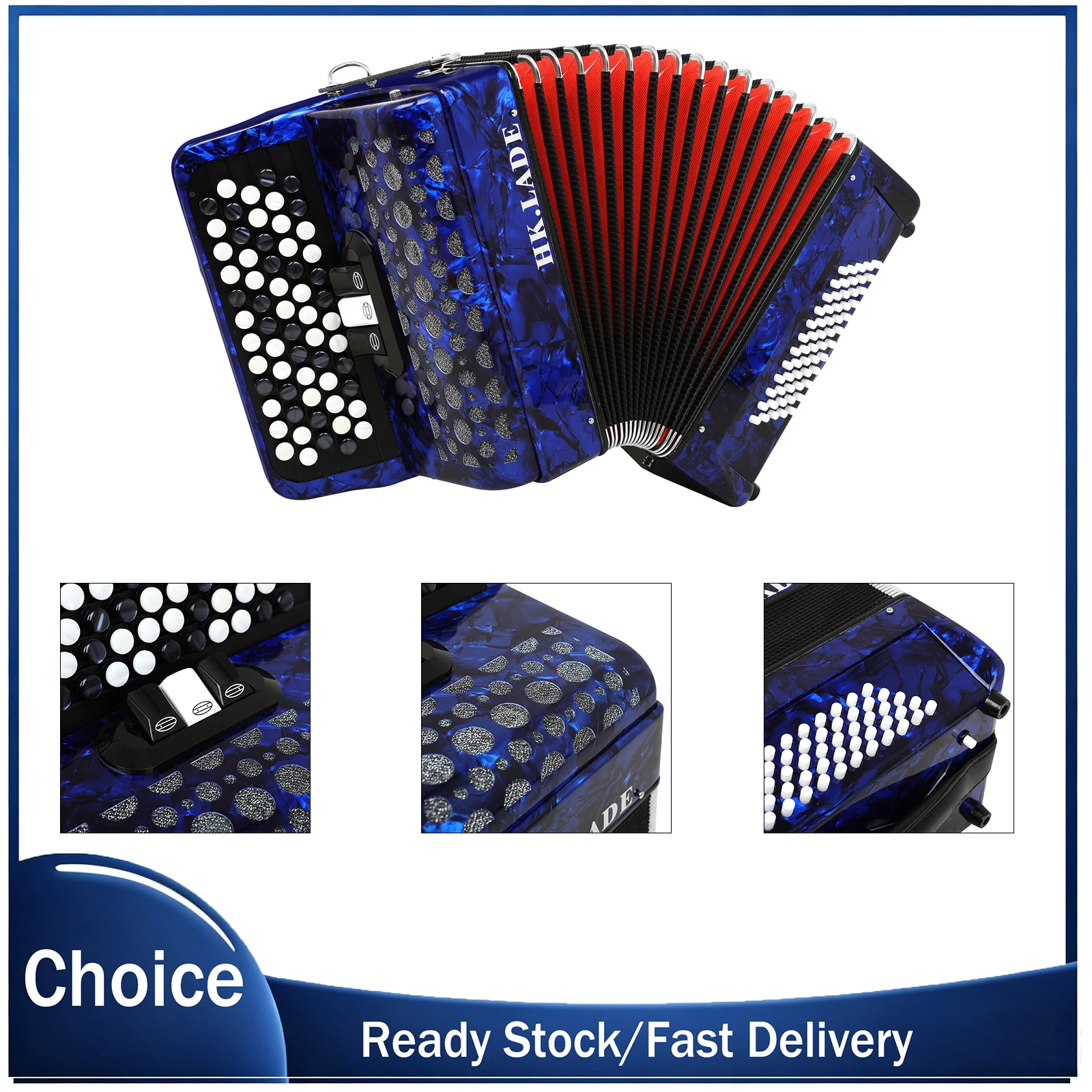 HK·LADE Professional Bayan Accordion Anti-Slip Button Lightweight Portable Bass Key Accordion for Beginners Dynamic Expression