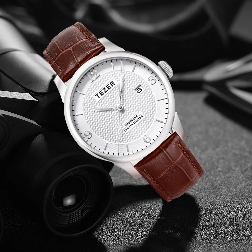TEZER Men Quartz Watch | Brown Strap | Arabic Numeral Dial | Date Window | 30M Water Resistant Wristwatch