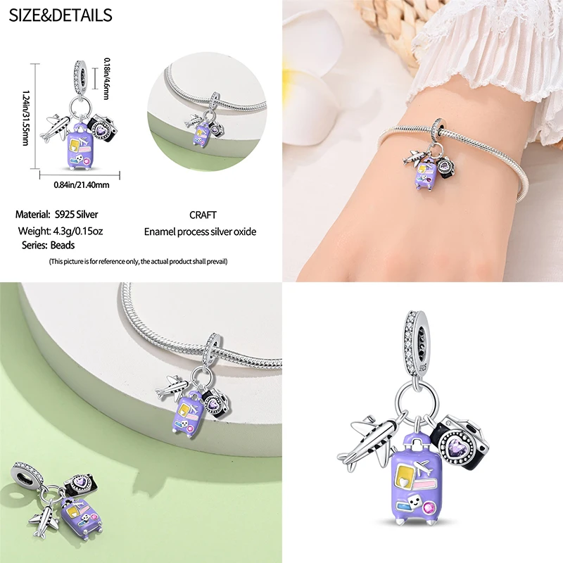 Real 925 Sterling Silver Travel Airplane Luggage Three-Piece Set Charms Fit Pandora 925 Original Bracelet Pendant DIY Jewelry