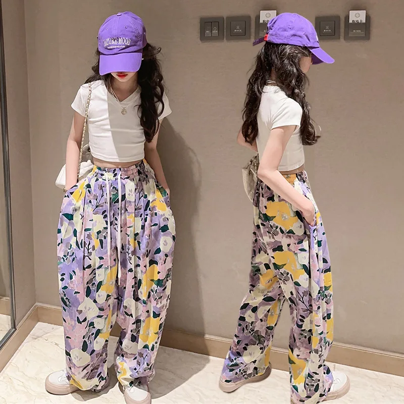 

Girls Trousers Children 2024 New Spring and Summer Flower Bottoms Simple Casual Style All-match Children Pants Girls Bottoms