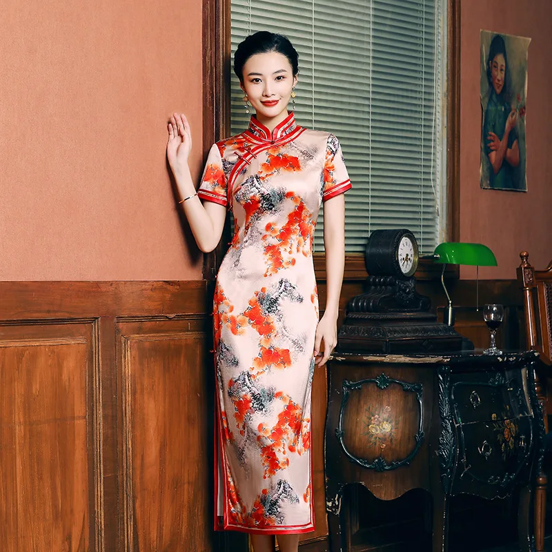 High Quality High-End Real Silk Cheongsam Qipao Female 2024 New Summer Short Sleeve Chinese Style Young Long Dress