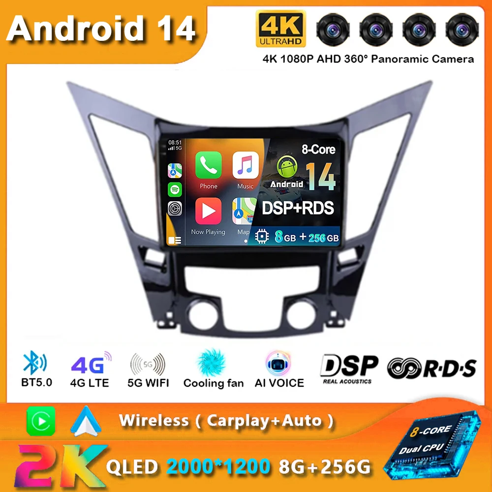 Android 14 For Hyundai Sonata 6 YF 2009-2014 Multimedia Carplay Auto Car Head Unit Player GPS Navigation DVD 2DIN Radio Stereo