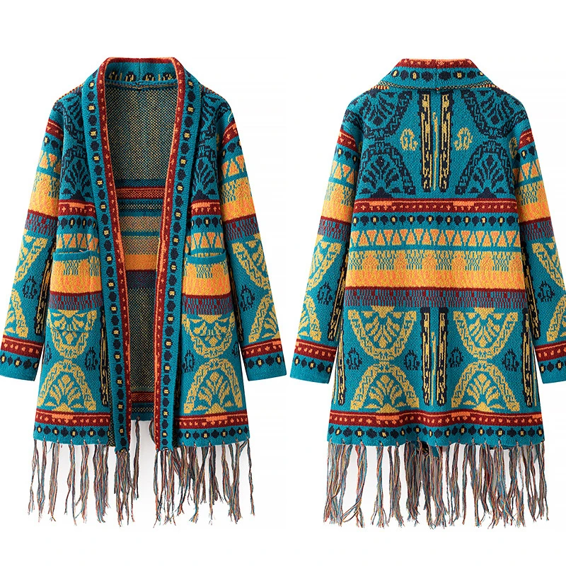 

2025 New Striped Tassel Knitted Kimono Cardigan Sweater Spring Autumn Ethnic Style Mid Length Cardigan Shawl Cloak