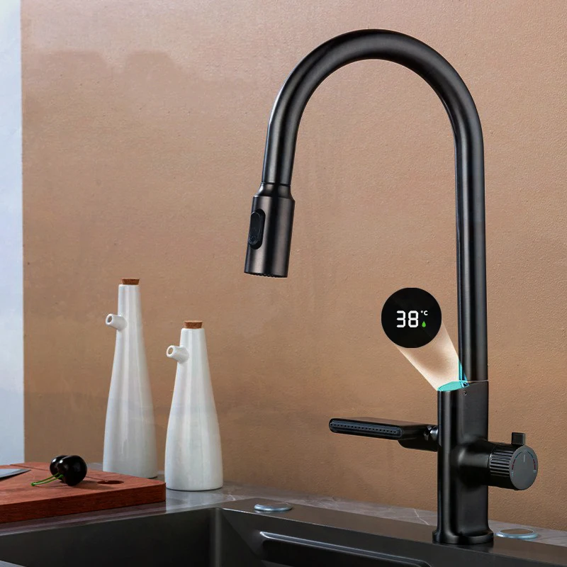 Imagem -03 - Digital Display Kitchen Faucet com Temperature Sensor Pull Out Stream Sprayer Hot e Cold Water Sink Mixer Tap para Kitchen