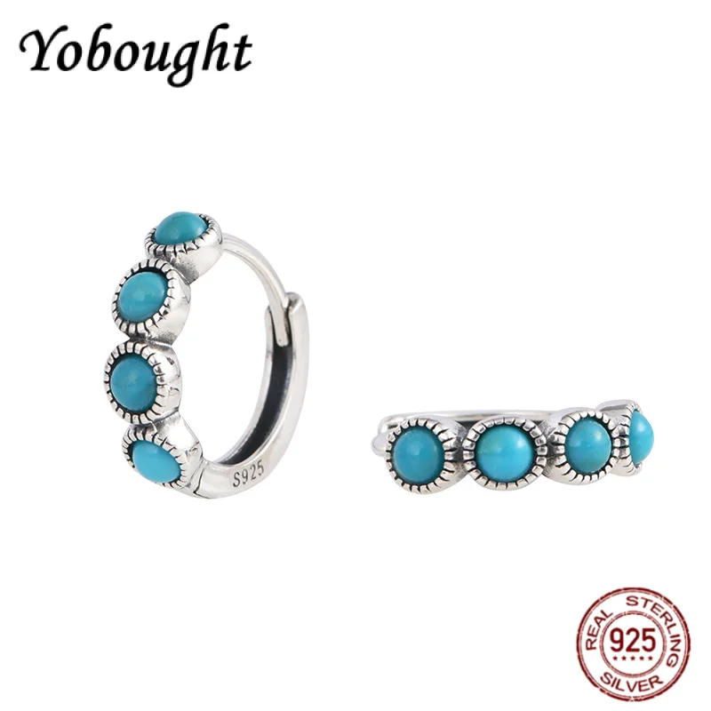 

NEW S925 Pure Silver Retro Natural Turquoise Small Bean Hoop Earrings 15mm Light Luxury High-end Women's Fashion Gift