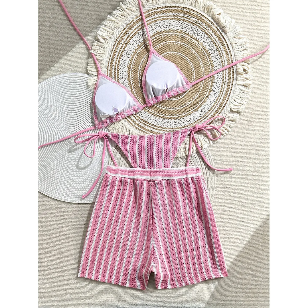 Dreiteiliges Bikini-Set mit Shorts, blau gestreifter Neckholder-Bikini, Damen-Badebekleidung, Badeanzug, Badebekleidung, Badeanzug, Schwimmbekleidung V7159B – Detail 13