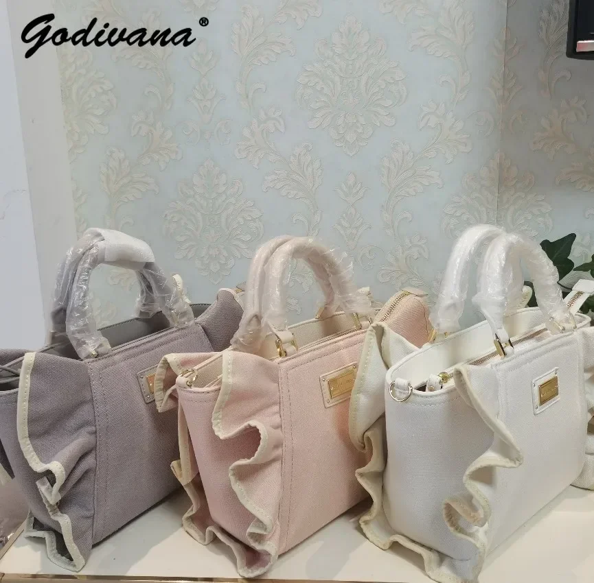 Japanese Style Fashion Small Ruffled Embroidered Letters Women\'s Handbag Retro Casual Canvas Tote Bags