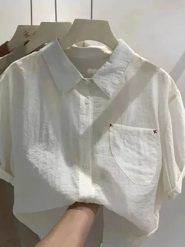 

Lightweight Silk Cotton Short Sleeve Shirt Women's Summer Design Sensation Age Reduction Small Shirt Trendy Top Collar