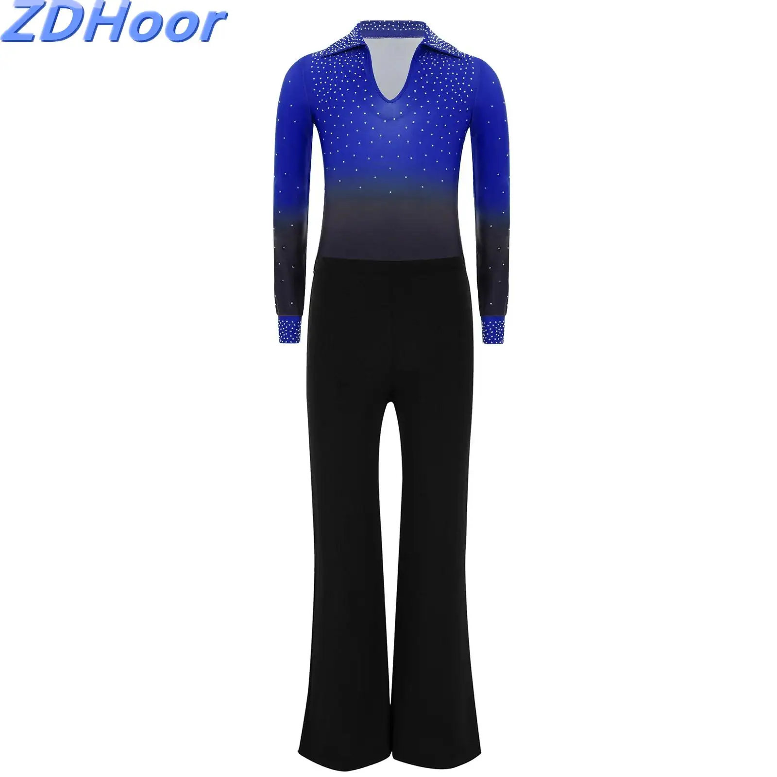 

Детские комплекты танцевальных купальников с отложным воротником для мальчиков, купальник градиентного цвета с длинными рукавами и блестящими стразами, брюки с эластичным поясом
