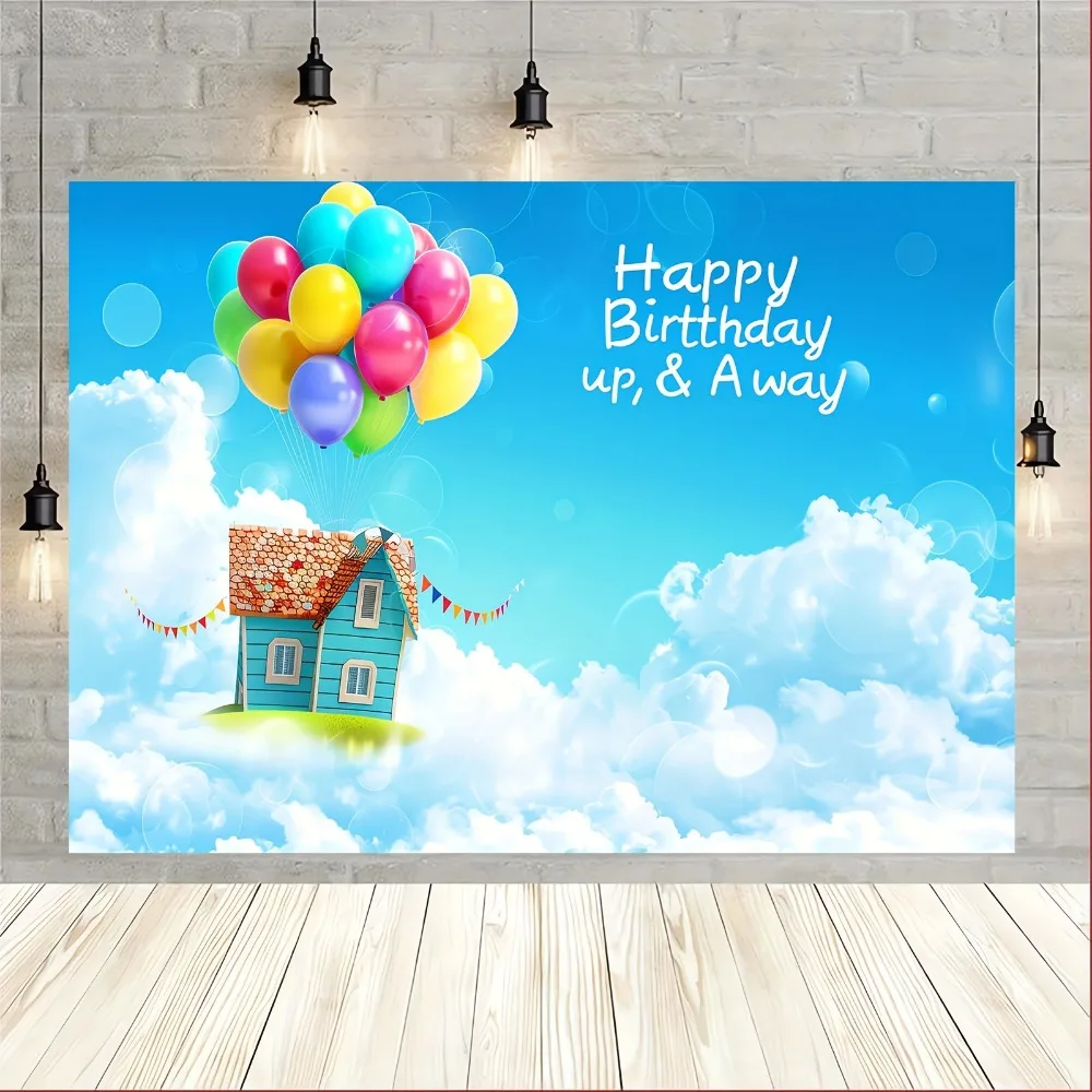 Birthday party photo background Adventure Happy Birthday up, balloons party decoration blue sky white clouds, banner decoration