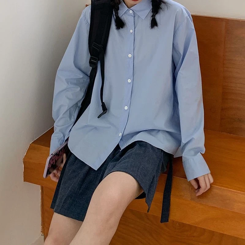 Unisex Chic S-6XL Plus Size Basisstijl Wit/Blauw Shirt Met Lange Mouwen Voor Dames Meisjes Oversized Schooluniformen Jk Top Blouse