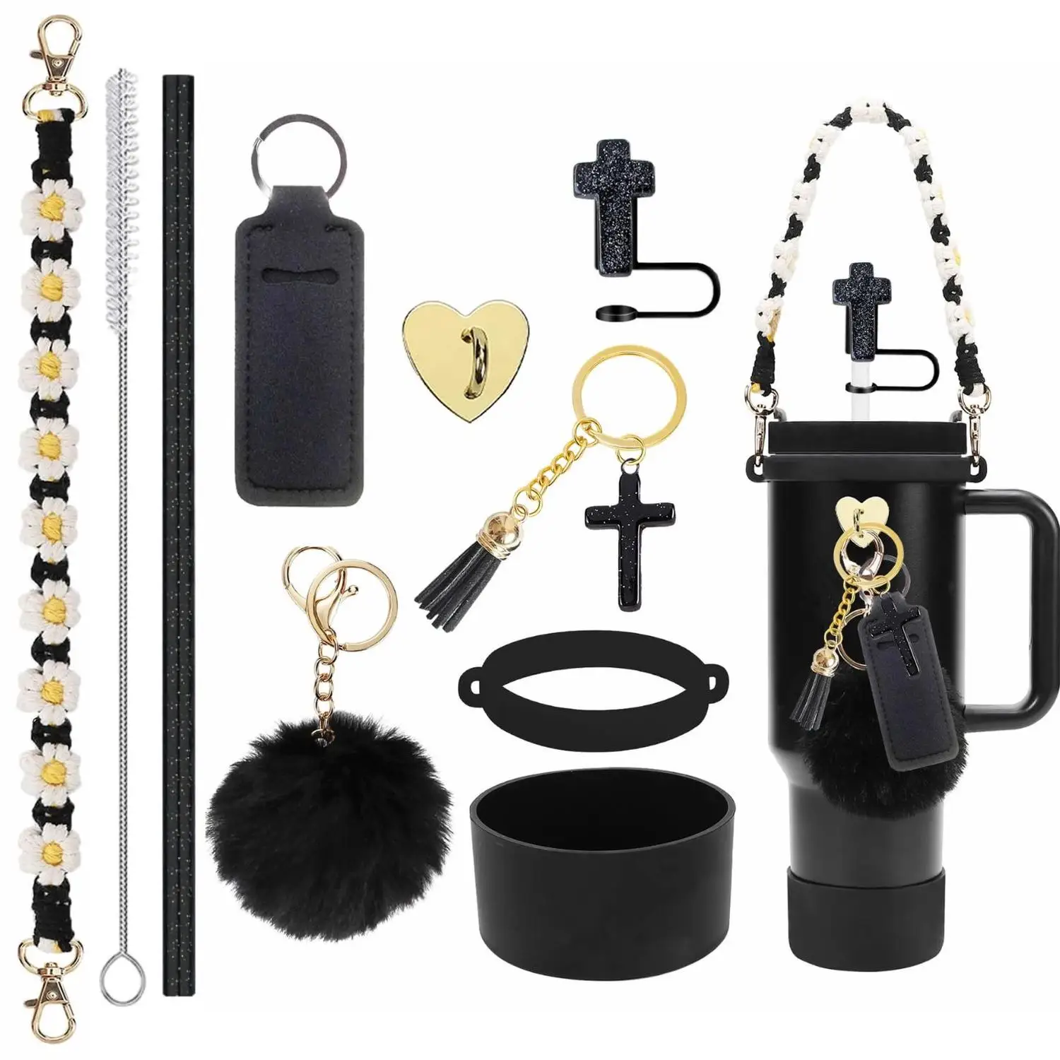 10Pcs/Set Reusable Woven Handle Ornaments with 10mm Cross Straw Toppers Key Pouches Straws And Straw Brushes Cross-Border Set