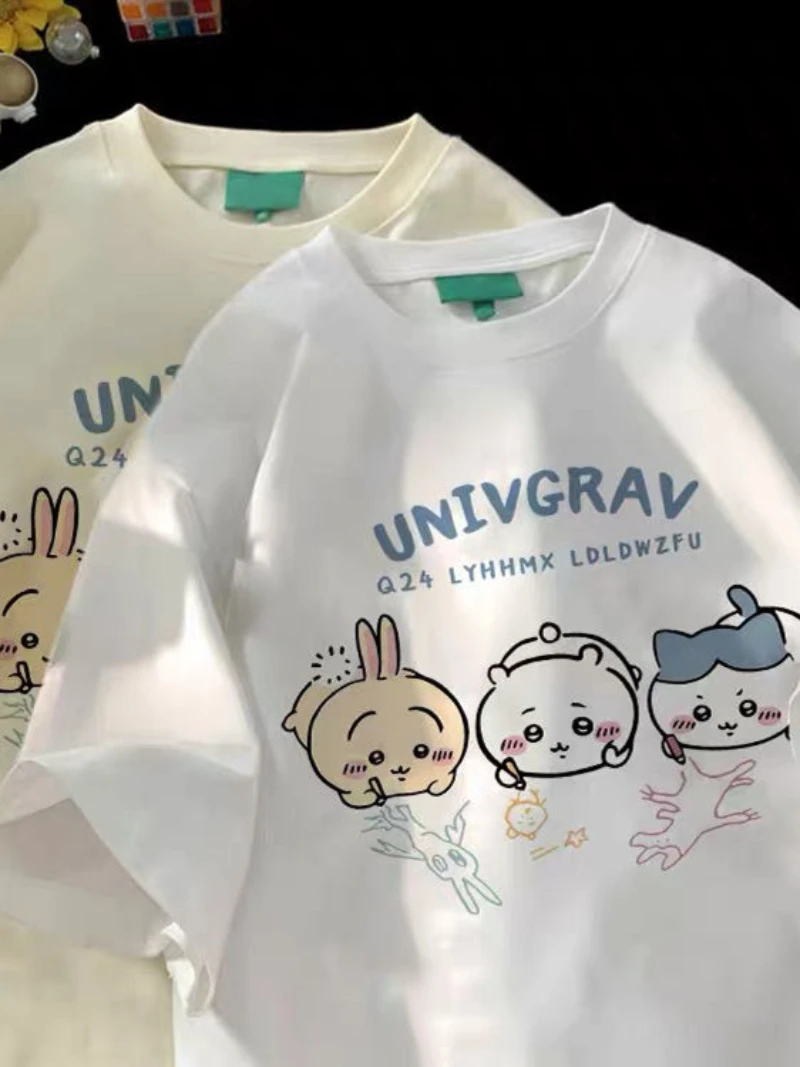 

MINISO Hachiware Usagi Japan Cute Cartoon Y2K женская и мужская футболка в стиле хиппи с короткими рукавами, летняя одежда большого размера с вырезом