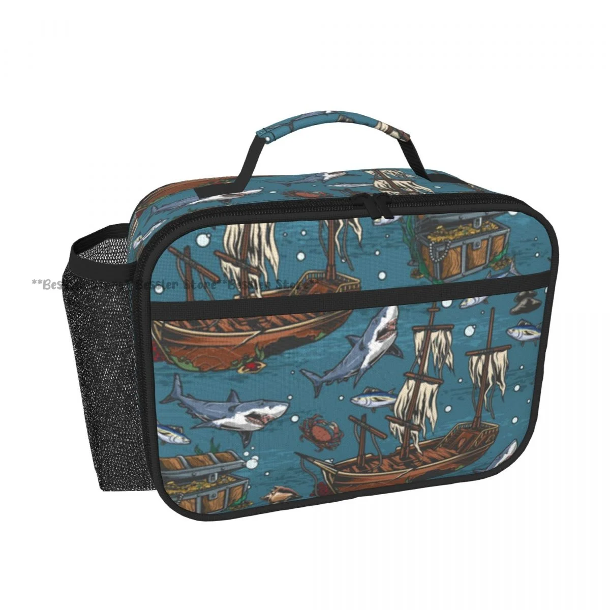 Portable Horizontal Insulated Lunch Tote Bag Shark And Ships Thermal Food Storage Handbag