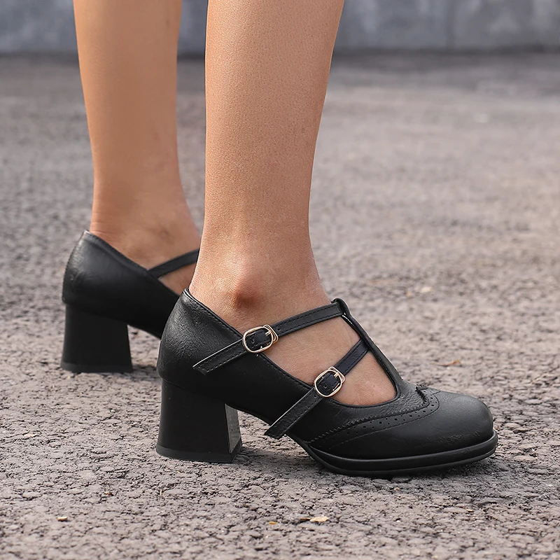 Women's Leather Classic T-Strap Platform Chunky Mid-Heel Mary Jane Round Toe Pumps Comfortable Soft Oxfords Dress Wedding Shoes