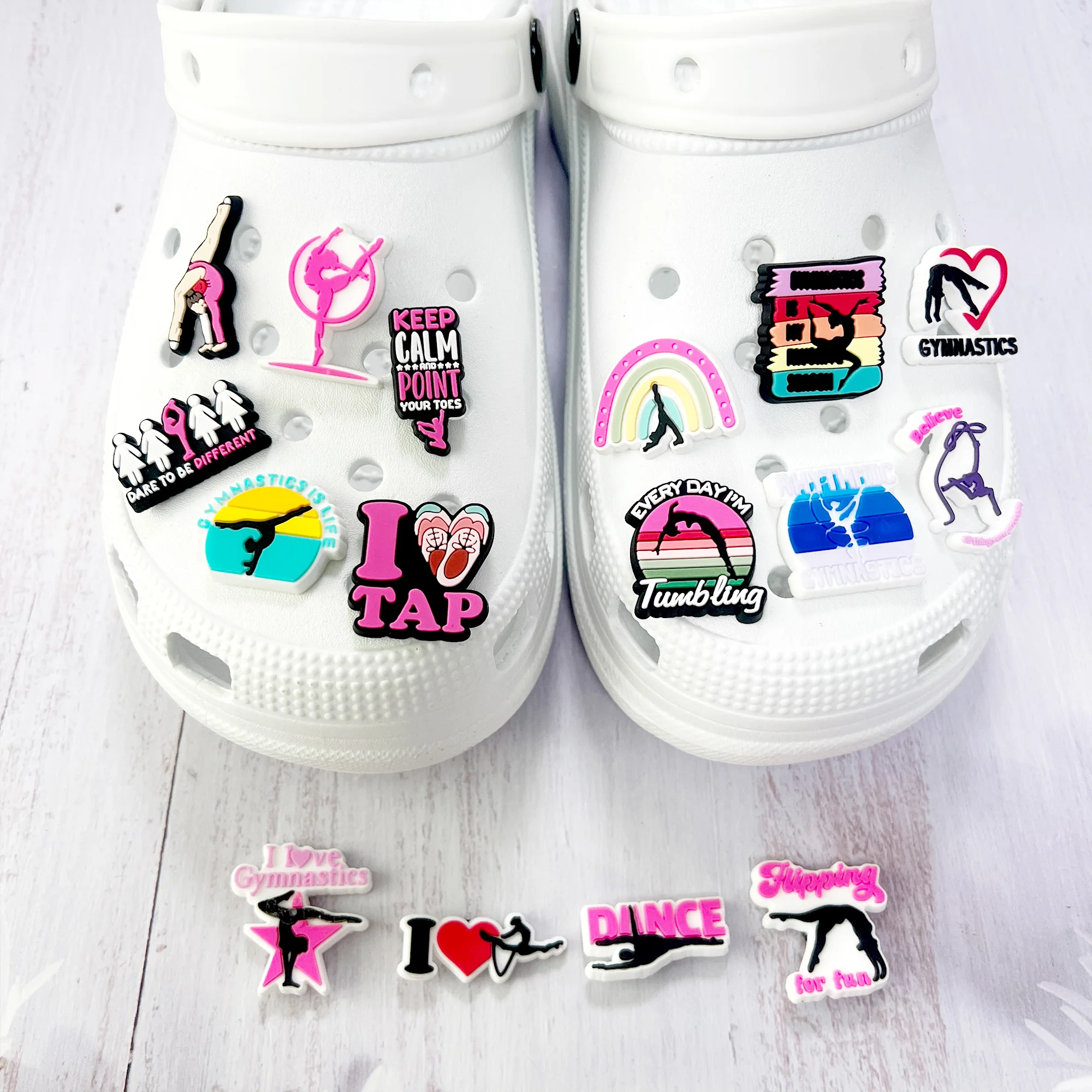 9-20Pcs Rhythmic Gymnastics Tumbling Flipping Ballet Swan Dance PVC Shoe Charms For Clogs Pins Sandals Shoes Slipper Accessories
