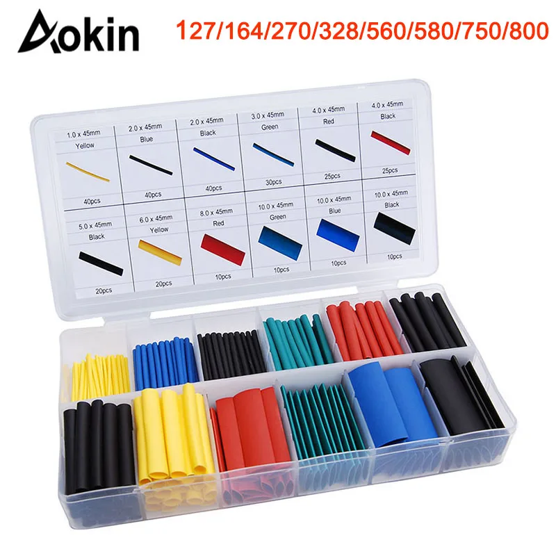 127-800pcs Heat Shrink Tube Thermoresistant Heat-shrinkable Sheath Tubing Wrapping Kit Electrical Wire Cable Insulation Sleeving