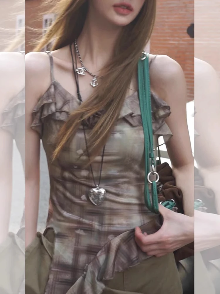 Retro American Plaid Strap Vest Women Summer Thin Design Sensual Slim Fit Outerwear Irregular Top Trendy Checkered Tube Top