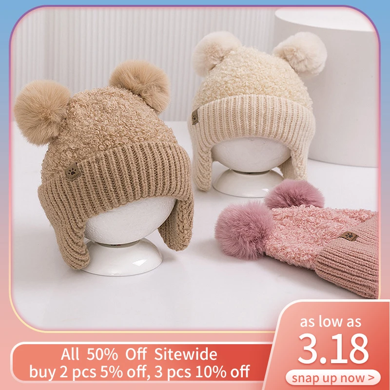 

Cute Fur Pompom Baby Earmuffs Cap Winter Kids Ear Protection Hat Thick Velvet Warm Children Bonnet Solid Color Toddler Beanies