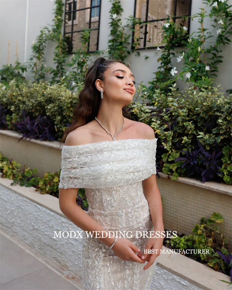 MODX Knöchellange Spitze Glitzer Abendkleider Dubai Arabisch Frauen Schulterfrei Ärmel Ballkleider Formelle Anlässe Partykleid