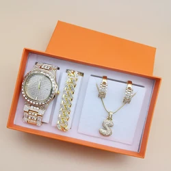 4Pcs Women Luxury Iced Out Diamond Watch Quartz Gold Dress Watches With Rhinestone Jewelry Set relogio Women's Gift With Box