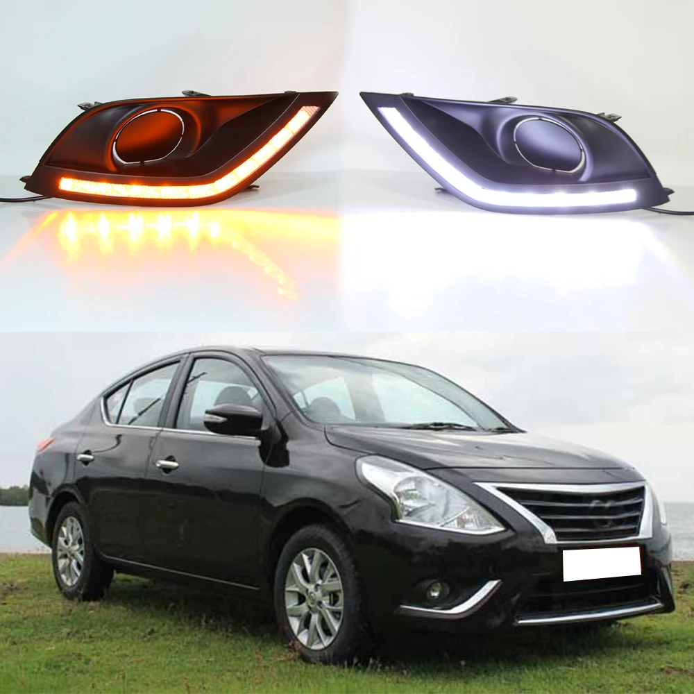 LED DRL Car Daytime Running Light Front Fog Lamps with Turn Signal Assembly Accessories For Nissan Sunny/ Versa 2014 2015 2016