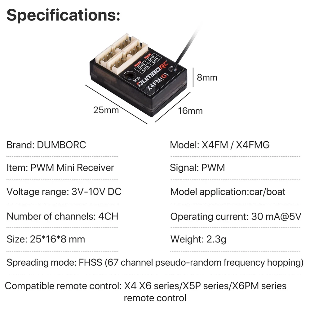 جهاز استقبال DumboRC X4FM / X4FMG Gyro 4CH PWM جهاز استقبال صغير لـ DumboRC X6 X6PM X5P X4 RC جهاز إرسال صغير لتقوم بها بنفسك RC قارب سيارة الانجراف