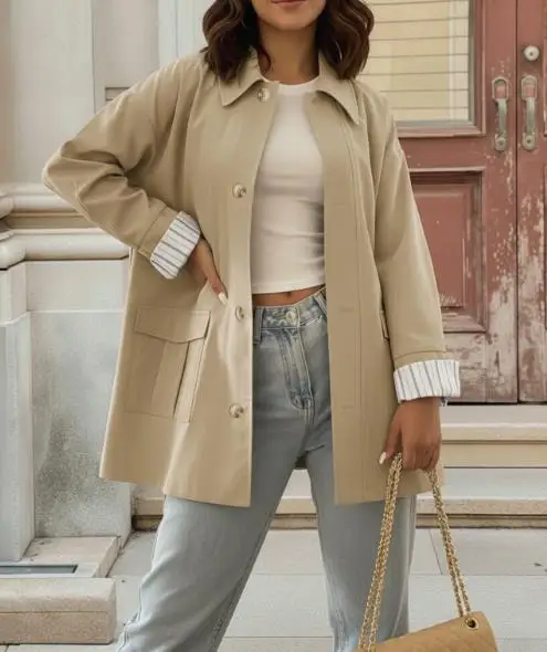 

Autumn Fashion and Casual Style Women's Commuting Suit Jacket with Lapel Buttons, Front Placket, Striped Cuffs, Patchwork Jacket