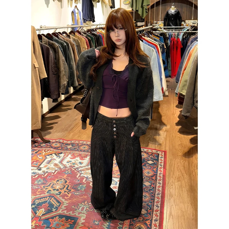 Women's Pants Y2K Style Cleanfit Black Baggy Casual Pleated Striped Jeans Pants for Women's Clothing Straight Long Trousers 2026
