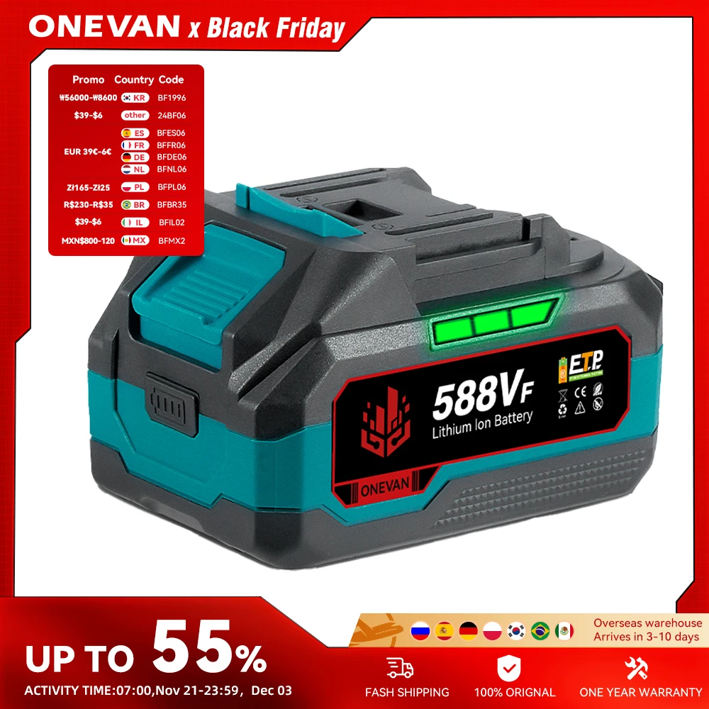 ONEVAN 21V Lithium Battery 928VF 29900mAh 588VF 22900mAh Capacity Indicator Rechargeable For Makita 18V Electric Power Tool