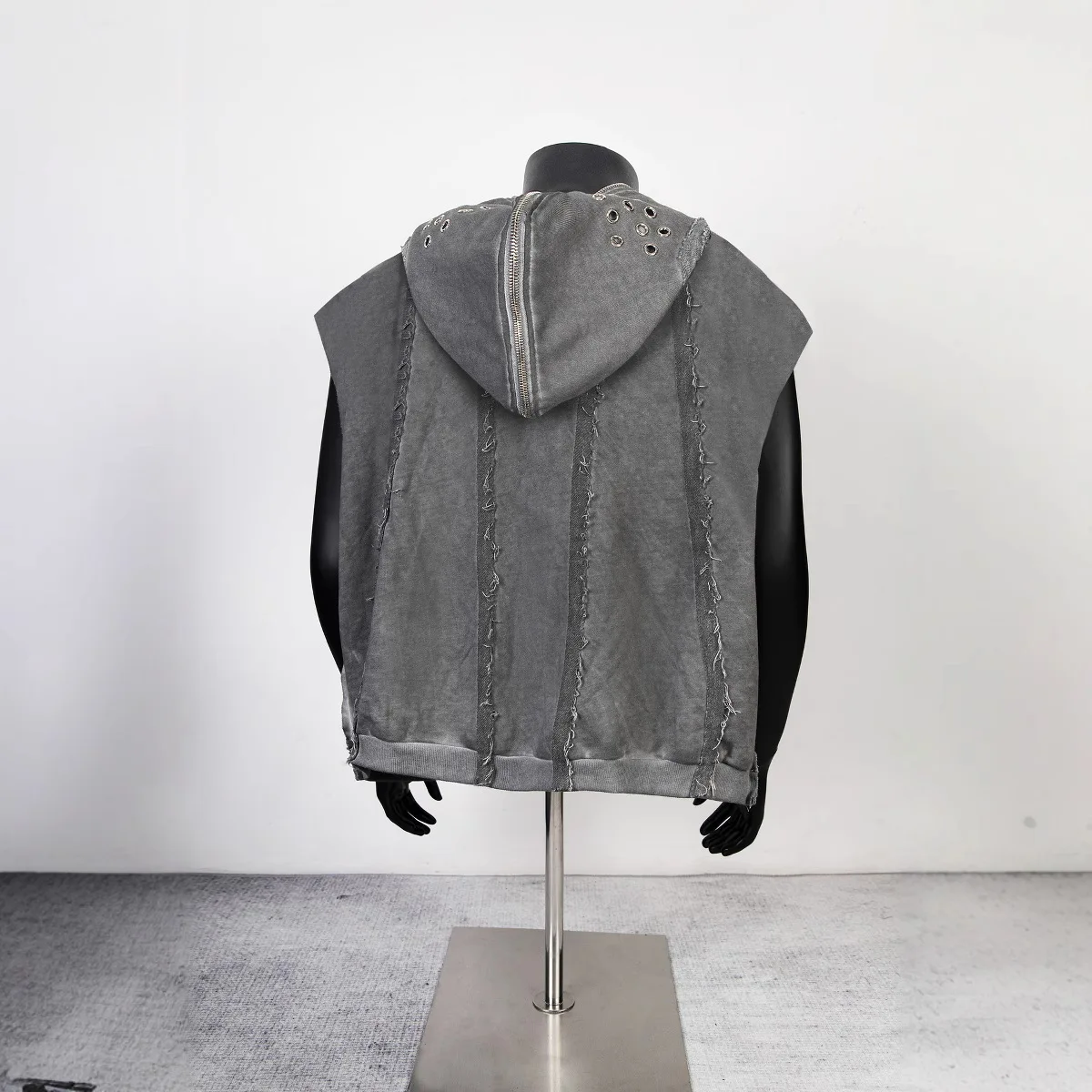 Thug club streetwear - vintage style, dark grey distressed American streetwear with a hooded, sleeveless hoodie and patch vest