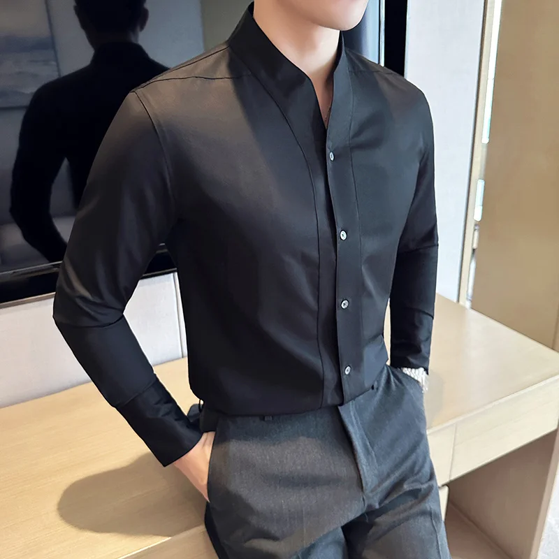 High Quality Temperament V-neck Shirt for Men Casual Business Dress Shirts Slim Fit Long Sleeve Social Party Tuxedo Blouse 2023