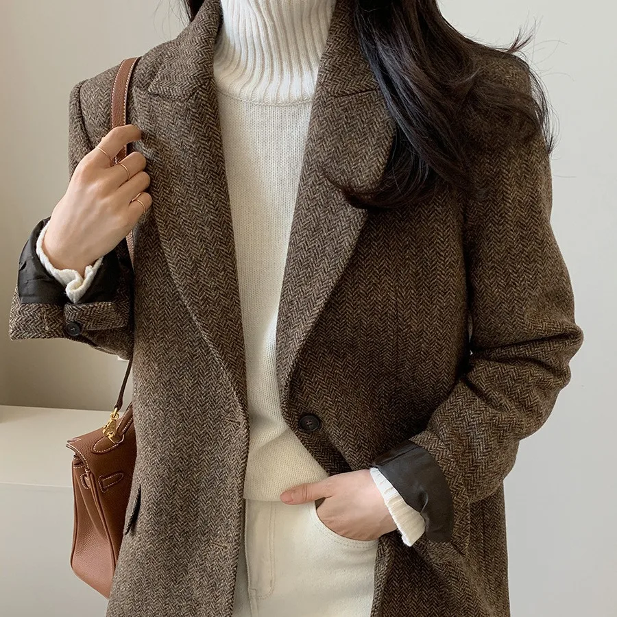 Classic Single Breasted Woolen Blazers for Office Ladies in Autumn/Winter 2024, Korean Style Commuting and Casual Jacket