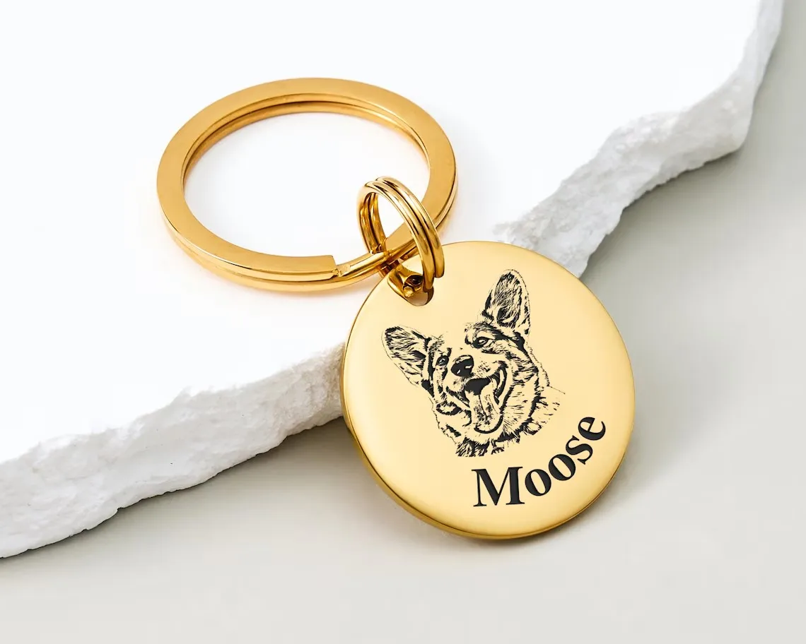 Custom Engraved Pet Portrait Stainless Steel Keychain, Personalized Dog Cat Memorial Sketch Tag Gift for Pet Lovers