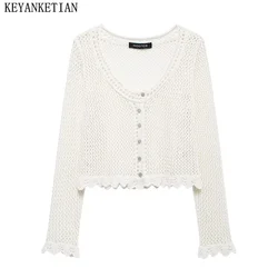 KEYANKETIAN New Women's Lace Trim Hollow out Knit Cardigans Autumn O-Neck Single Breasted Mori Girl Style Loose Thin Sweater Top