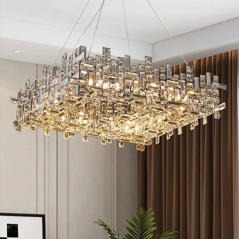 Nordic Clear Crystal Chandelier Chrome Luxury Square Simple Lamp for Living Room Dining Room Home Rectangle Hanging Light 2024