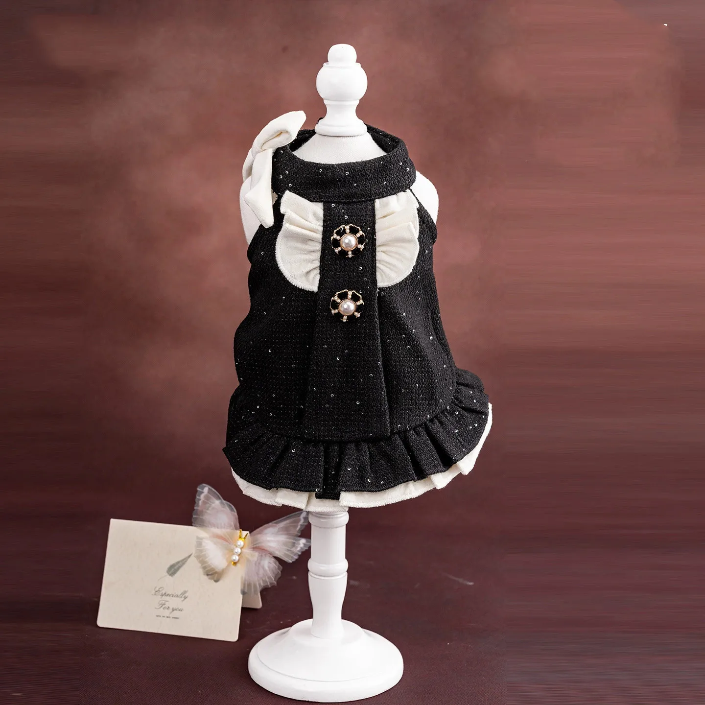 

Европейское элегантное классическое черное жемчужное платье принцессы для домашних животных - легкий роскошный зимний наряд на флисовой подкладке для маленьких собак чихуахуа