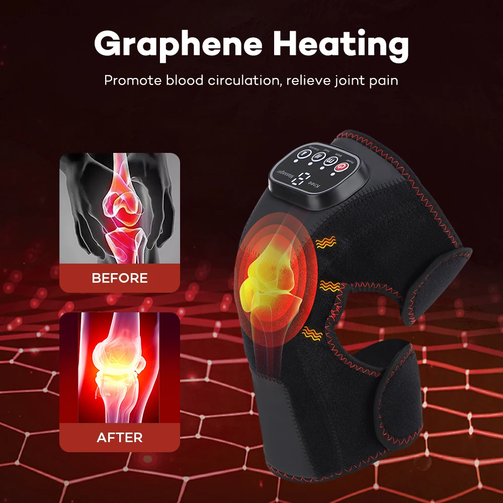 Pijat lutut Graphene hangat fisioterapi, kompres panas bantalan lutut kaki siku pemijat lutut kantung udara ganda untuk menghilangkan nyeri sendi