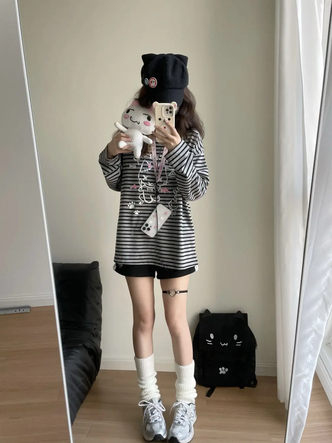 Qweek harajuku kawaii Cartoon Katze drucken gestreifte Sweatshirts Frauen süße süße Grafik Hoodies japanische y2k Stil Langarm Tops