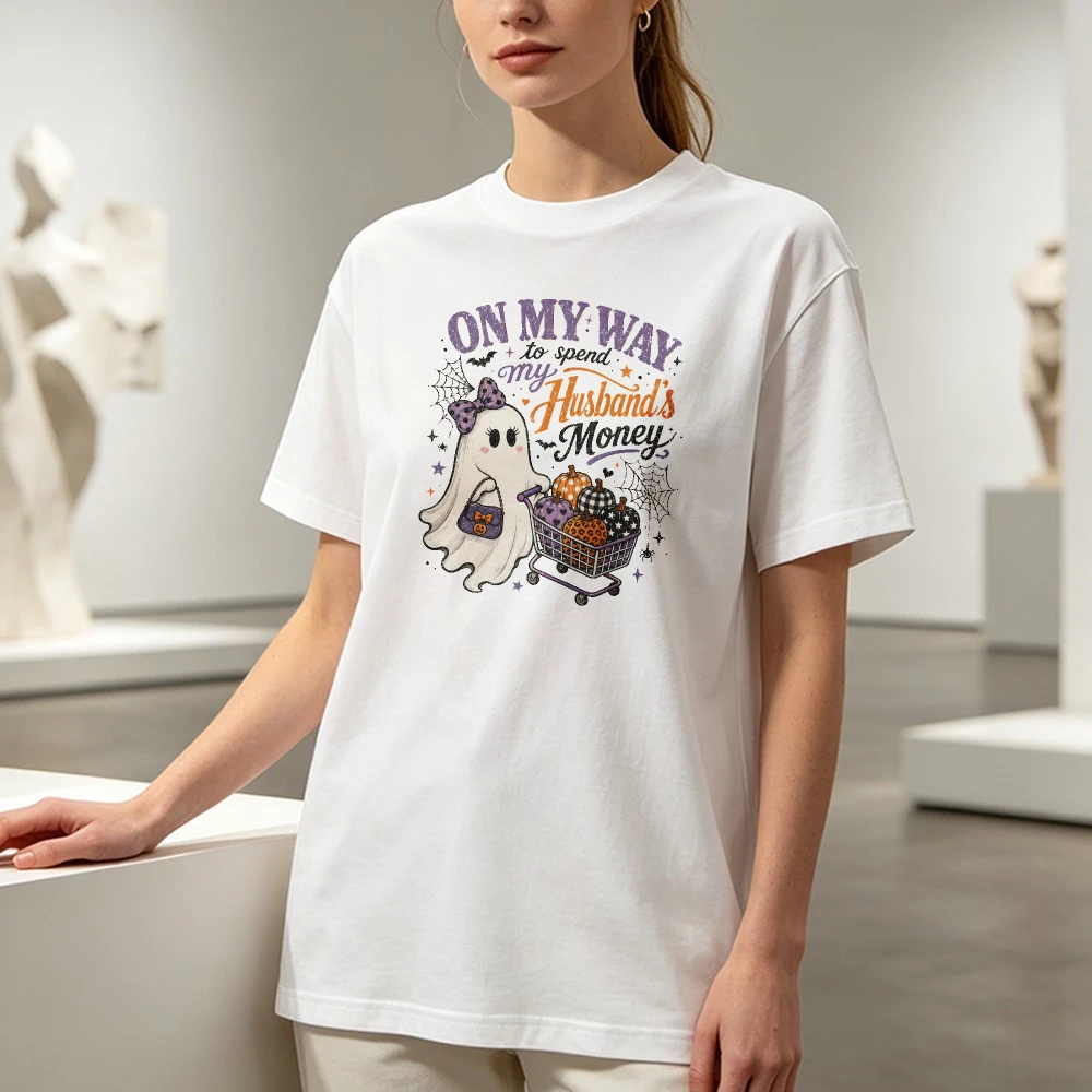 Cute Ghost T-Shirt Pumpkin Lover Gift Funny Halloween Cotton T-shirt Spend My Husbands Money Tee Fashion Spooky Season Gift Tops