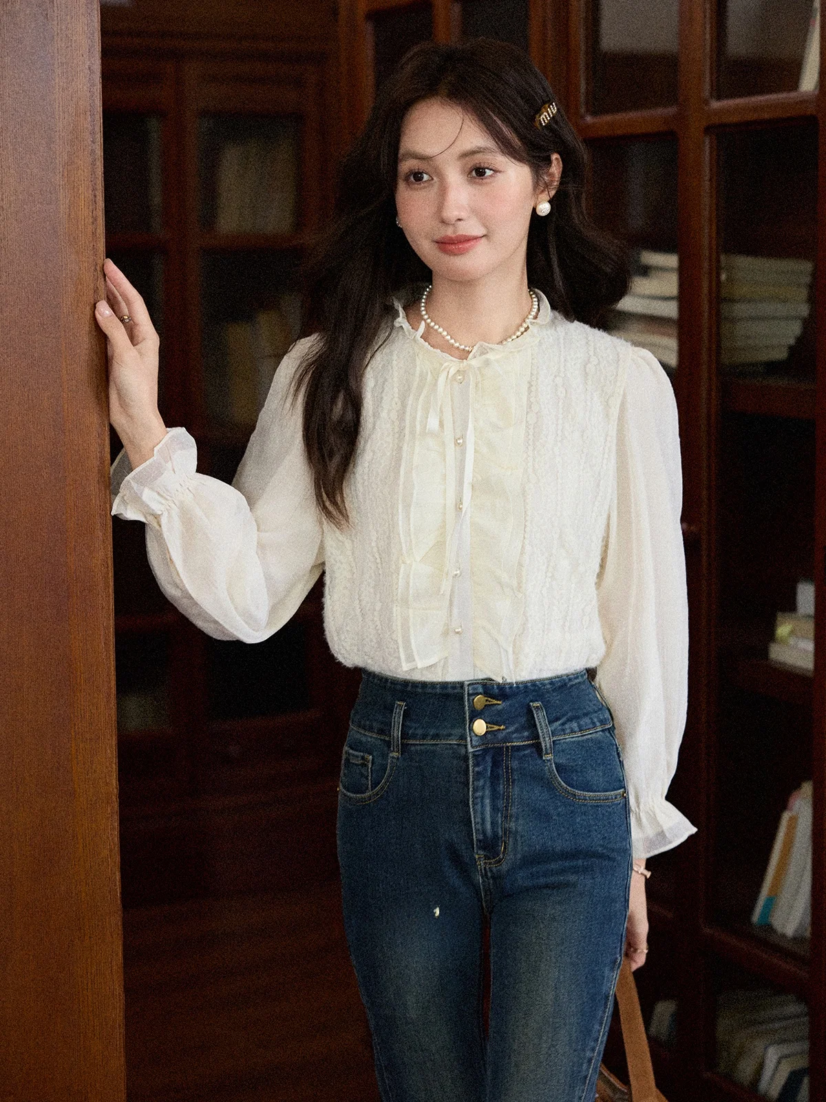 

Ele Long Sve irt Women's Sle French Country Wood ain Slimming Aged Reduction Top for Autumn in South Deer